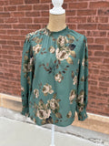 Deep Sage Floral Smocked-Neck Blouse