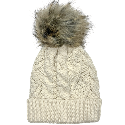 Fleece-Lined Pom Hat - Beige