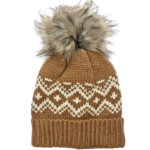 Fleece-Lined Pom Hat - Brown Speckle Patterned