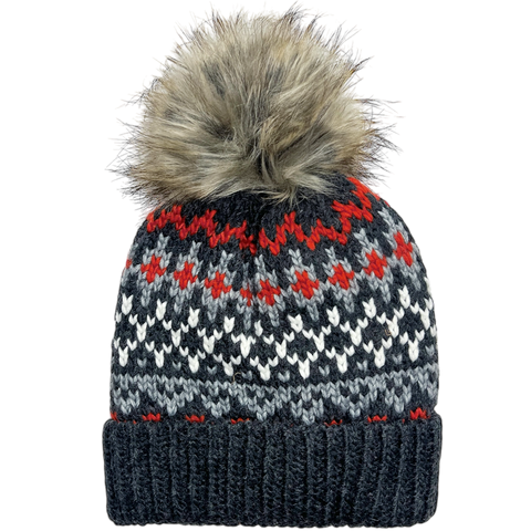 Fleece-Lined Pom Hat - Charcoal Multi Patterned