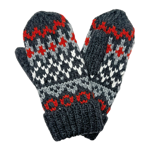 Fleece-Lined Mittens - Charcoal Multi Patterned