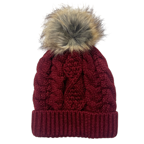 Fleece-Lined Pom Hat - Burgundy