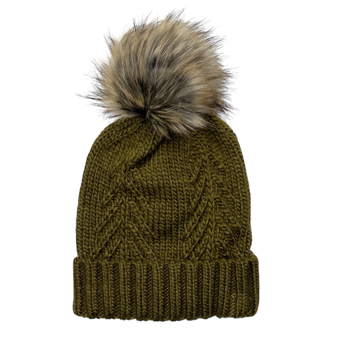 Fleece-Lined Pom Hat - Dark Olive