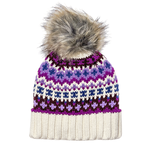 Fleece-Lined Pom Hat - Purple Multi Patterned