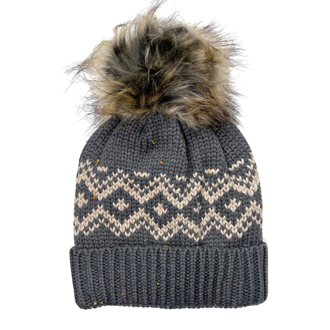 Fleece-Lined Pom Hat - Charcoal/Tan Patterned