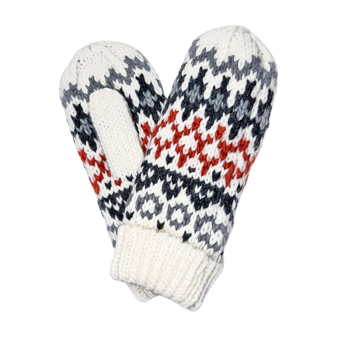 Fleece-Lined Mittens - Ivory Multi Patterned