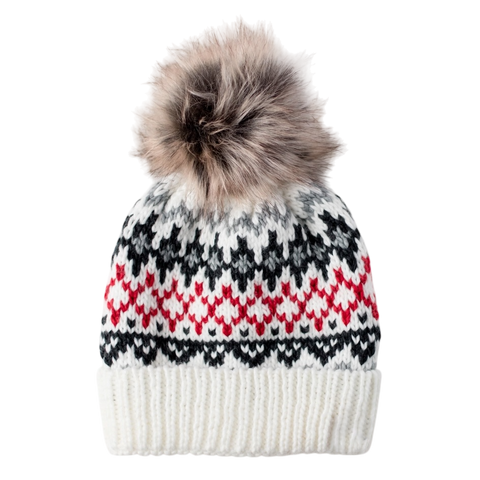 Fleece-Lined Pom Hat - Ivory Multi Patterned