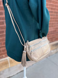 Genuine Leather Tassle Crossbody - Cream