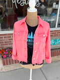 Frayed-Hem Denim Jacket - Neon Coral