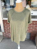 Washed Ribbed Cuffed Top - Light Olive