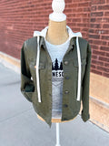 Denim Jacket with Detachable Hood - Olive