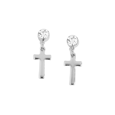 Stone Cross Dangle Earrings - Silver