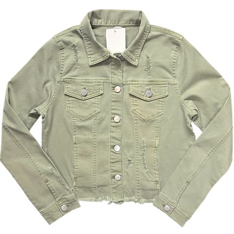 Frayed-Hem Denim Jacket - Light Olive