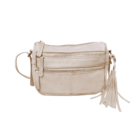 Genuine Leather Tassle Crossbody - Cream