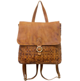 Genuine Leather Woven Backpack with Ring Flap Closure