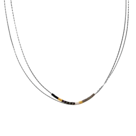 Silver Two-Row Chain with Black Bead Necklace