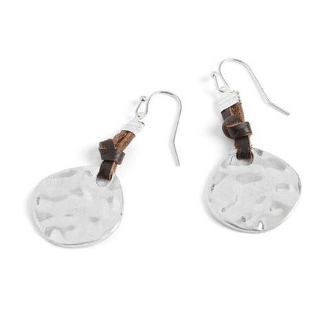 Leather Knot Hammered Disc Earrings