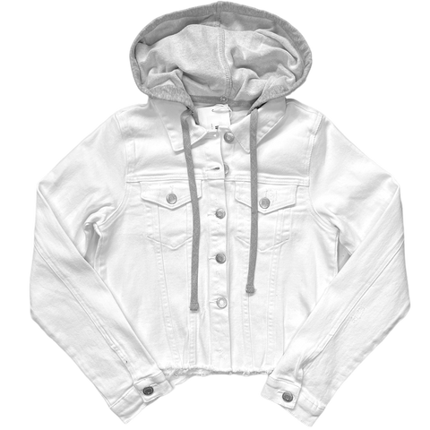 Distressed Denim Jacket with Detachable Hood - White