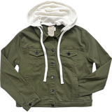 Denim Jacket with Detachable Hood - Olive