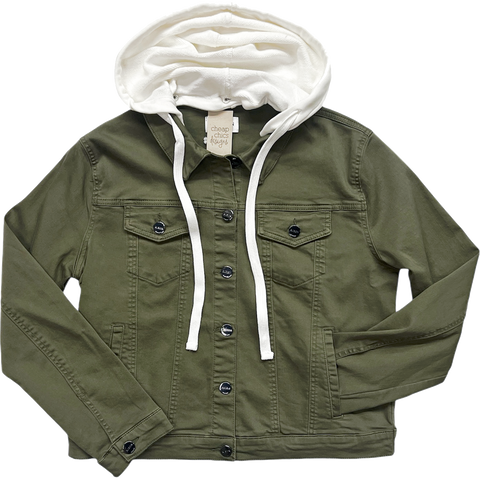 Denim Jacket with Detachable Hood - Olive