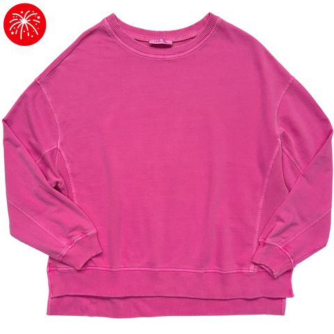 Ribbed-Side Hi-Low Pullover - Hot Pink