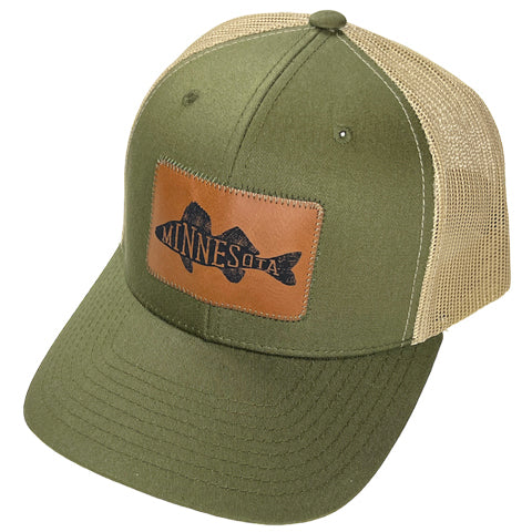 MN Walleye Faux Leather Patch Trucker Hat - Olive