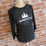 Cheap Chics Designs, CCD Apparel, Minnesota 3/4 sleeve raglan tee with marbled black body and black sleeves, Minnesota shirt