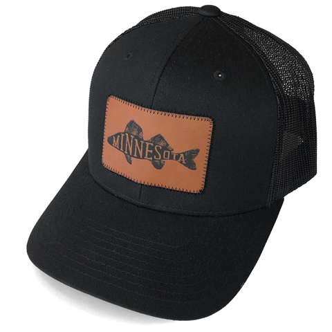 MN Walleye Faux Leather Patch Trucker Hat - Black
