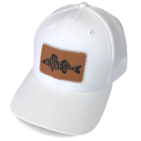 MN Walleye Faux Leather Patch Trucker Hat - White