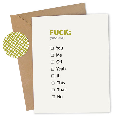 Cheap Chics Designs, Piss & Vinegar, fuck check list greeting card with kraft envelope and envelope seal, adult humor, naughty greeting card, dirty greeting card, funny greeting card