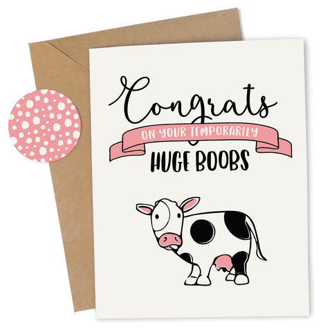 Cheap Chics Designs, Piss & Vinegar, Congrats On Your Temporarily Huge Boobs greeting card with kraft envelope and envelope seal, adult humor, naughty greeting card, dirty greeting card, funny greeting card, funny baby card